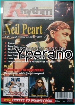 Rhythm magazine. March 1995. Neil Peart from Rush, a personal tribute to Buddy Rich, Dave Lambardo from Slayer
