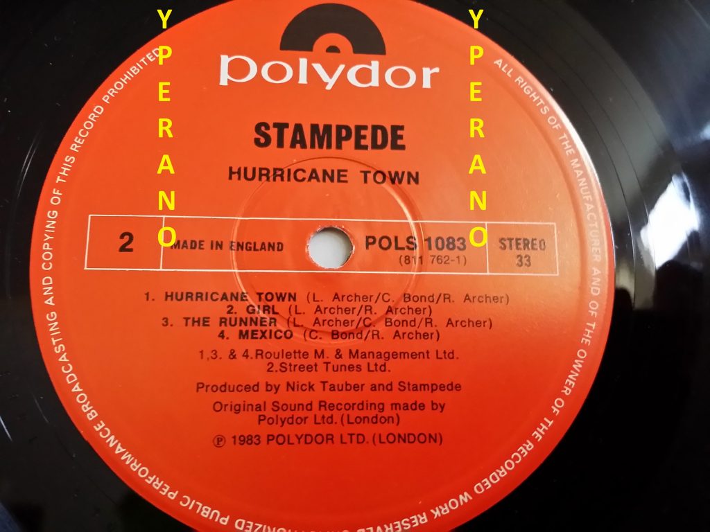 STAMPEDE: Hurricane Town LP PROMO, mint condition. Top NWOBHM. Check samples
